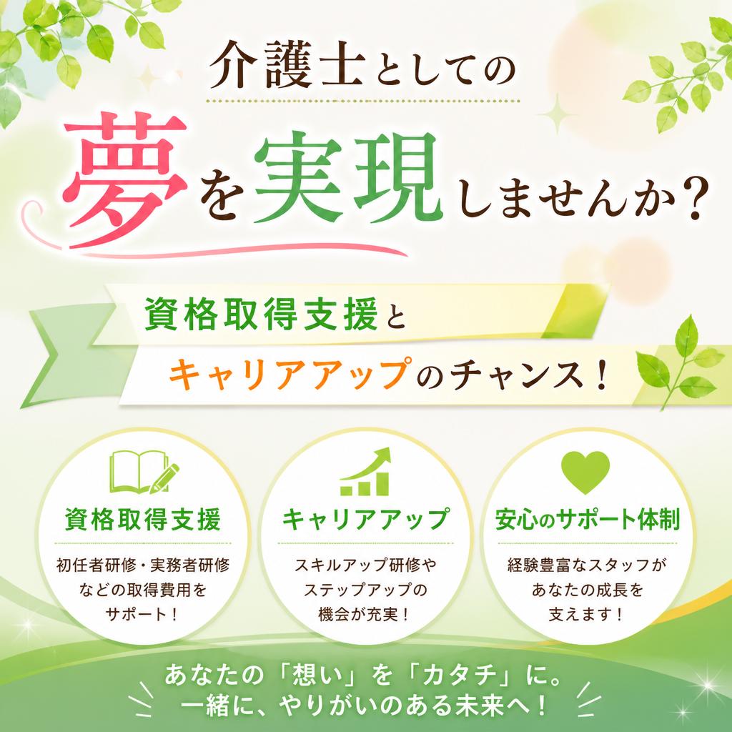 介護士としての夢を実現しませんか？\n資格取得支援とキャリアアップのチャンス！